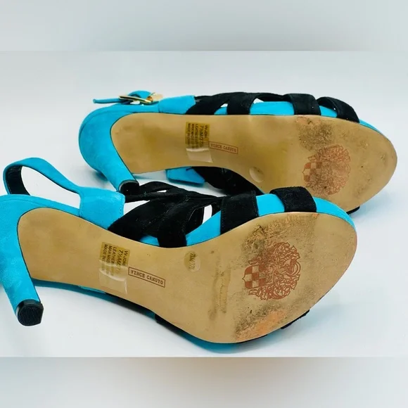 VINCE CAMUTO Blk&Turquoise XCross Strappy Suede 4” Platform Heels US 7.5 EU 37.5 - Picture 7 of 7